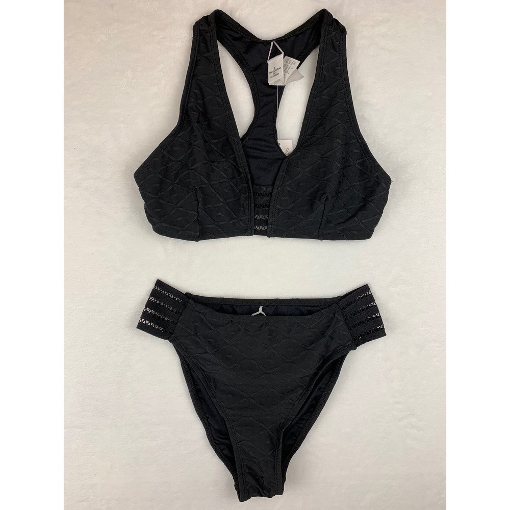 NWT Cupshe Black Textured Bikini Set Racerback Elastic Detail Swimsuit Sz Small